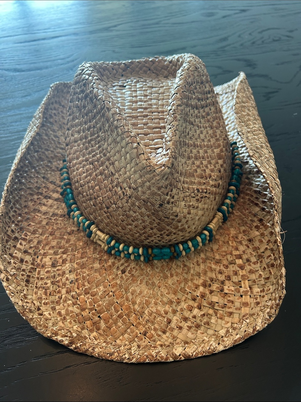 Straw Cowboy Hat with Turquoise Bead Band - Women Jewelry Accent